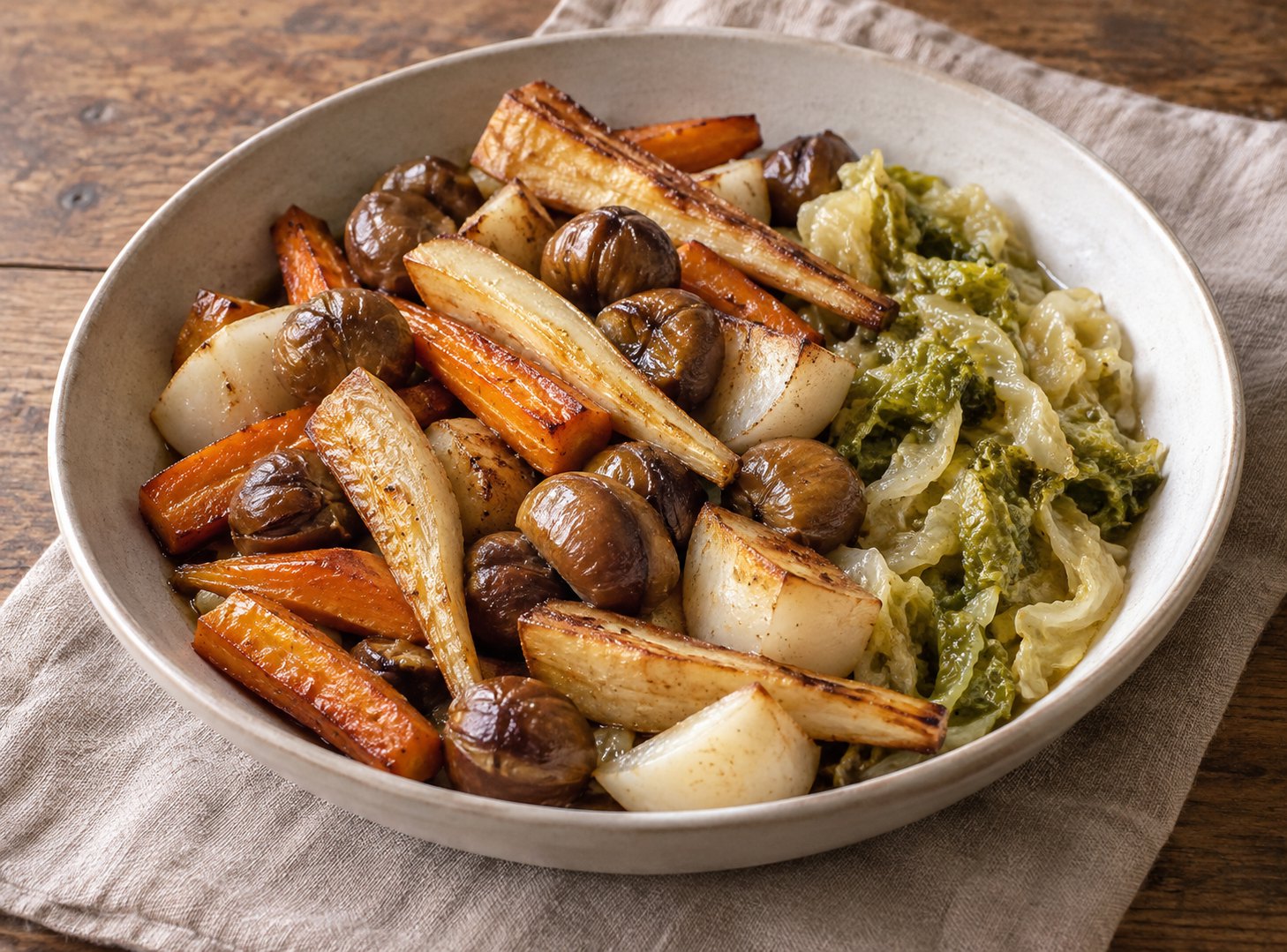 Finished dish: Roast Roots, Chestnuts & Savoy Cabbage