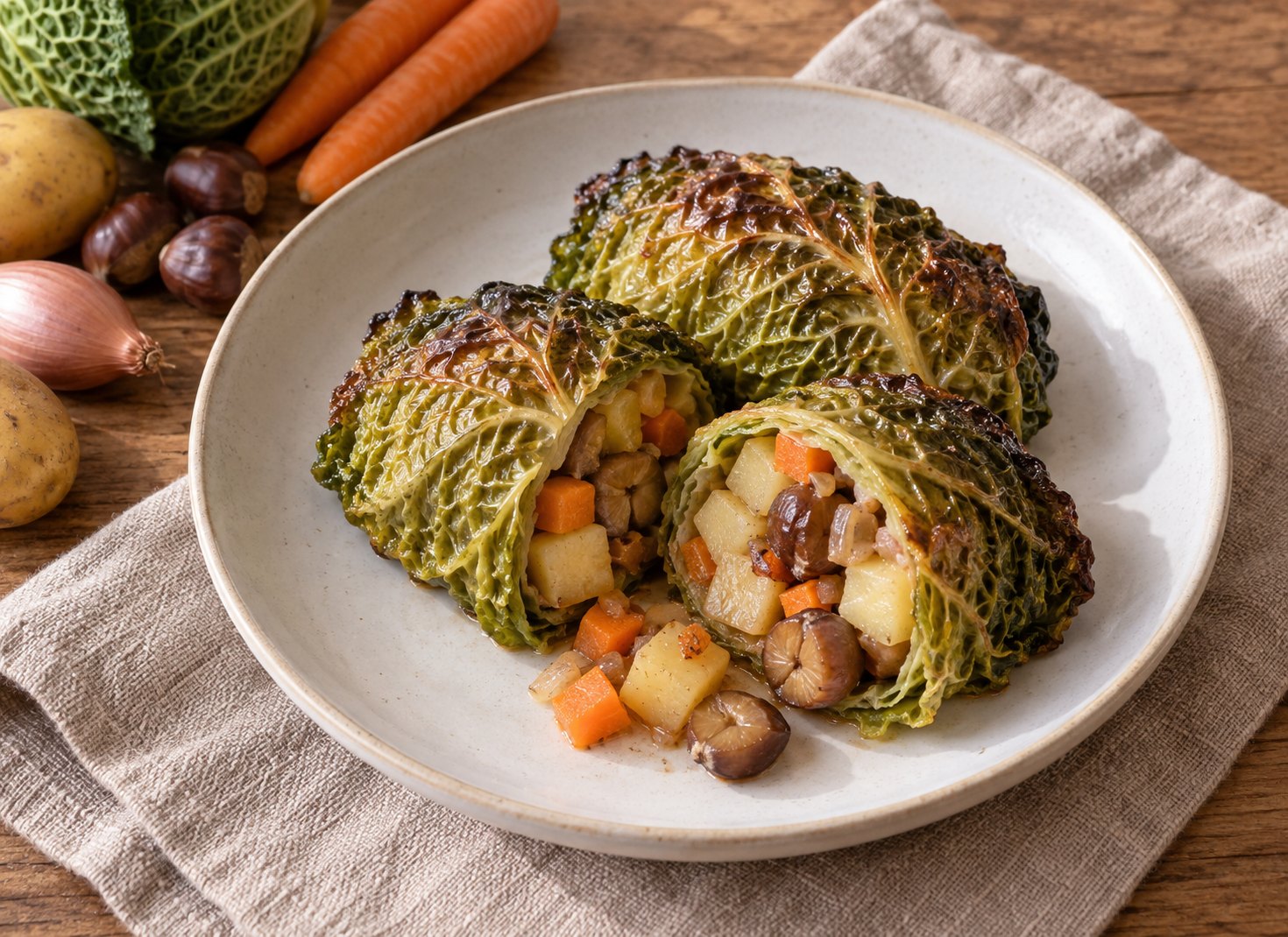 Finished dish: Savoy Cabbage Parcels with Potato & Chestnut