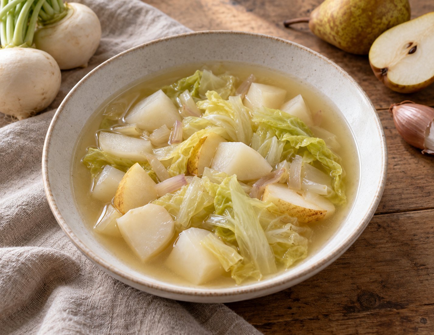 Finished dish: White Turnip, Cabbage & Pear Broth