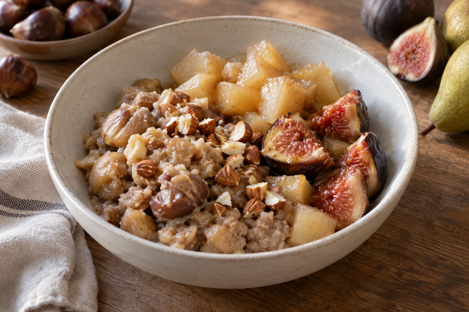 Finished dish: Warm Fig, Pear & Chestnut Bowl