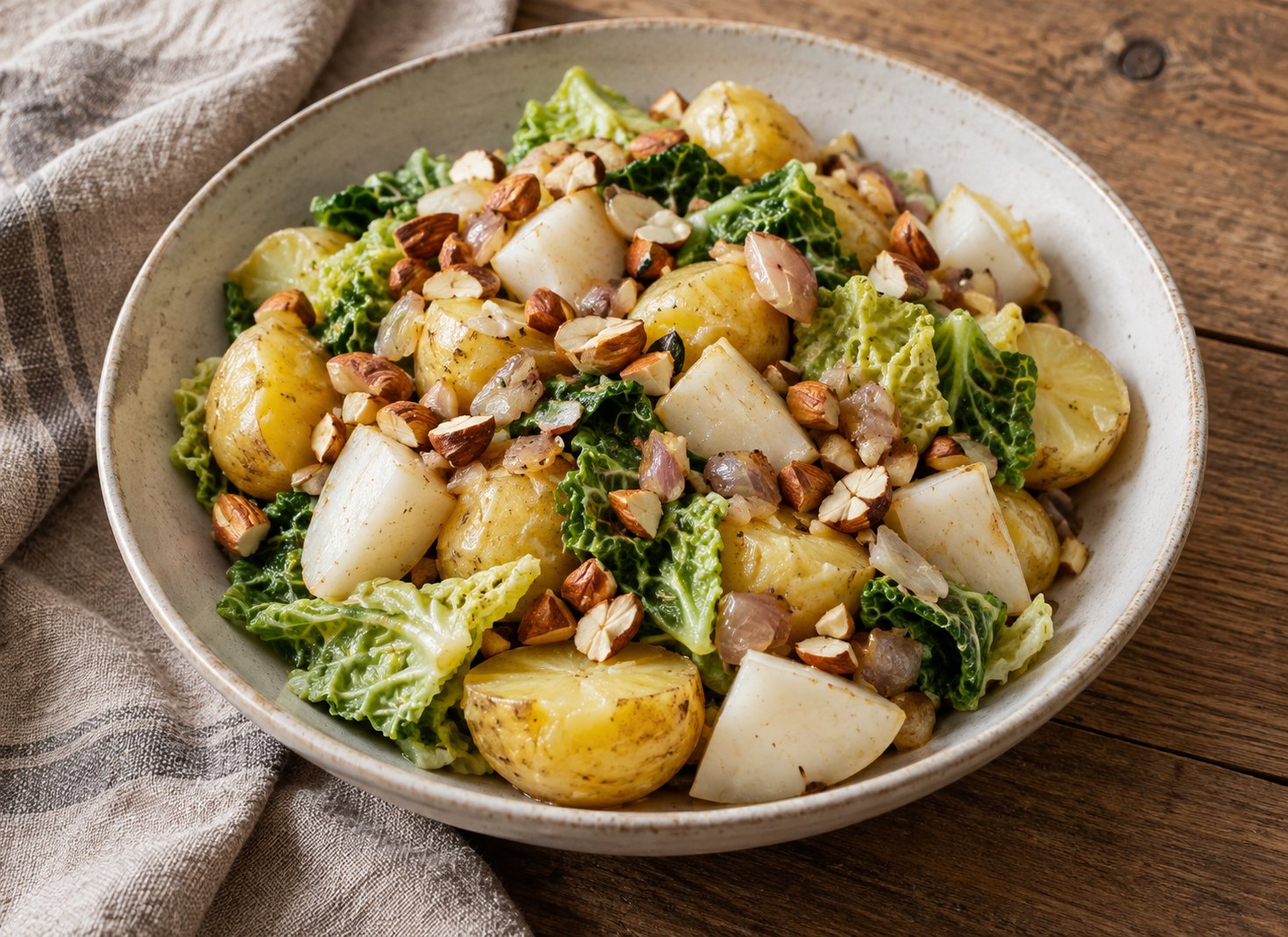 Finished dish: Potato, Turnip & Cabbage with Almonds