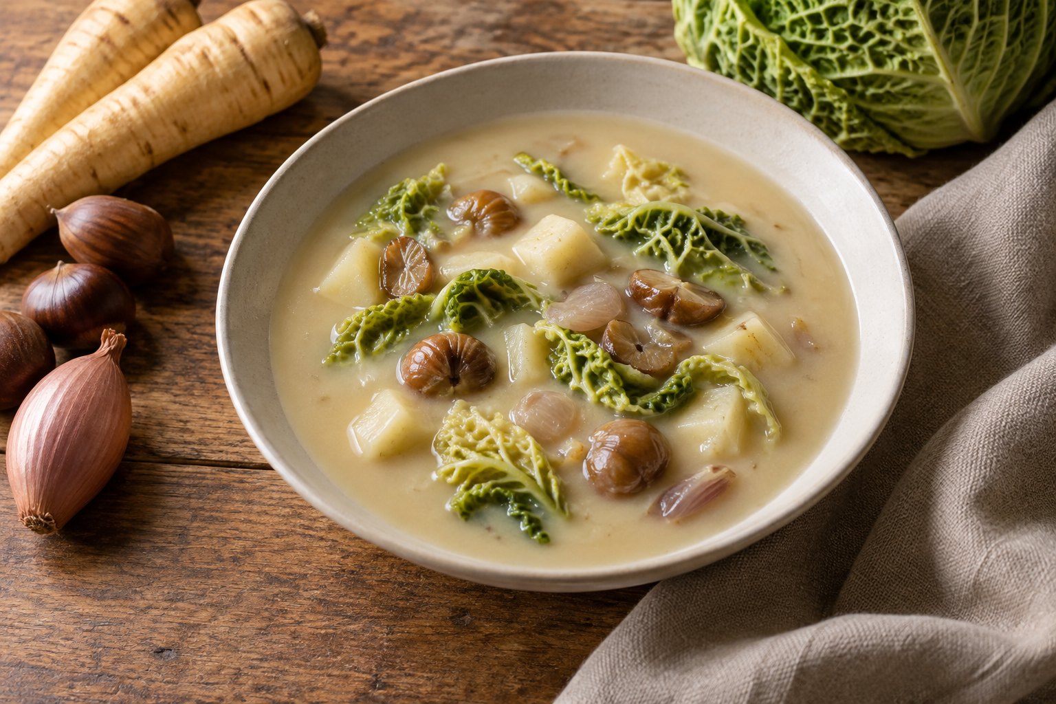 Finished dish: Parsnip & Chestnut Soup with Savoy